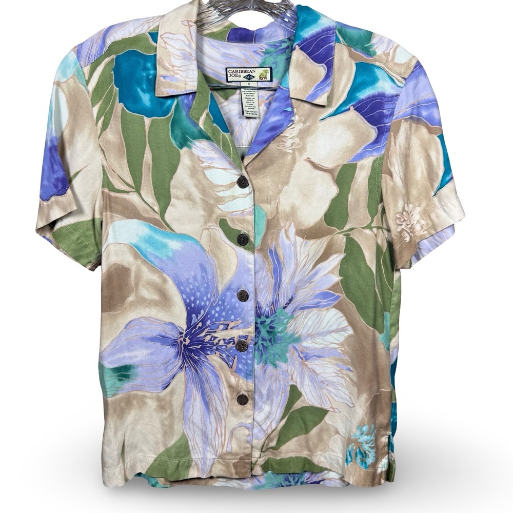 Caribbean Joe Hawaiian Women's Size Small Blue Purple Tropical Floral Button Too